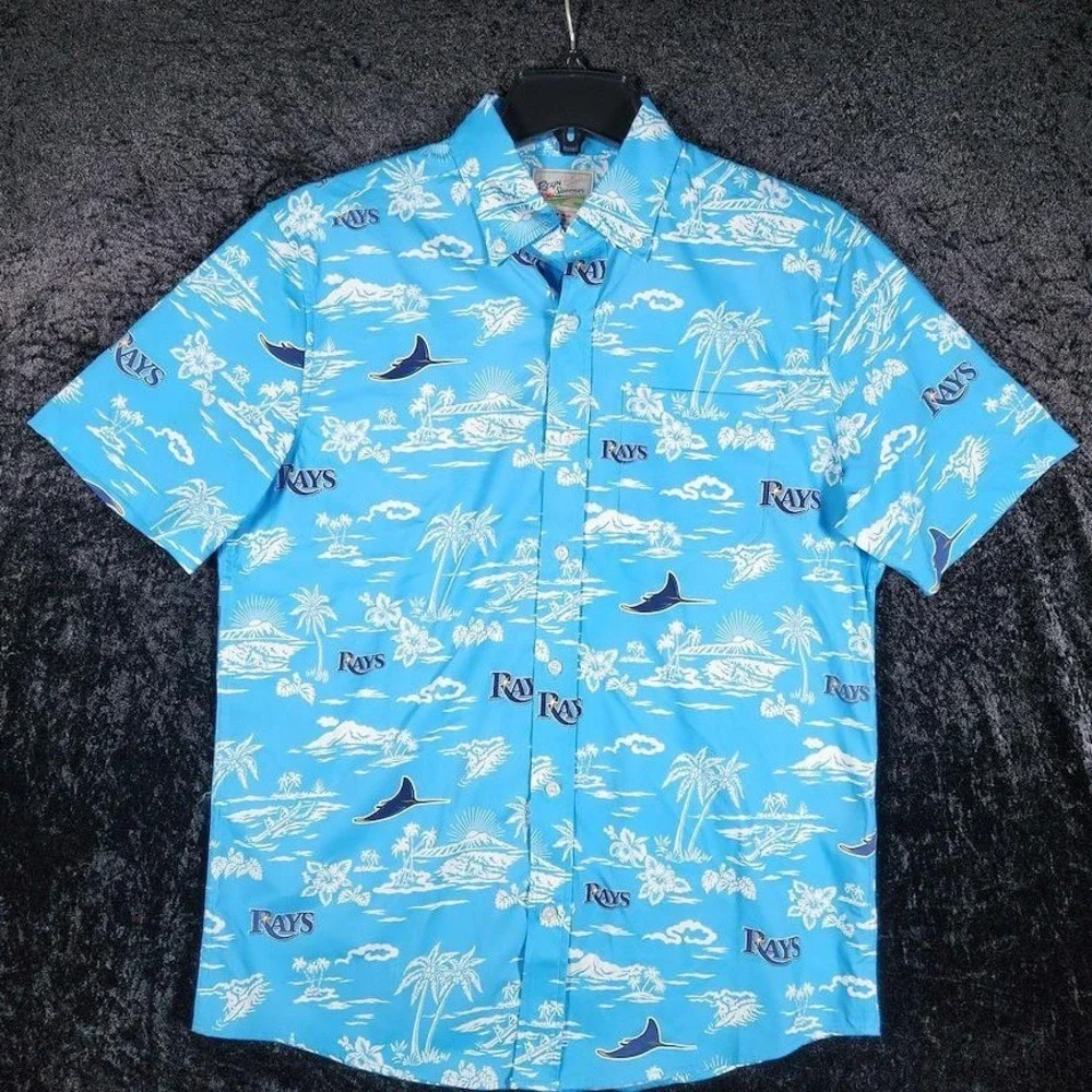 Reyn Spooner Tampa Bay Rays MLB Performance Hawaiian Shirt Mens Small Light Blue - Picture 2 of 10